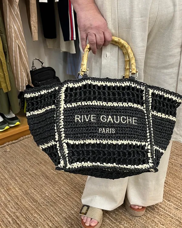 Bossa de ràfia negra i blanca Rive Gauche Paris